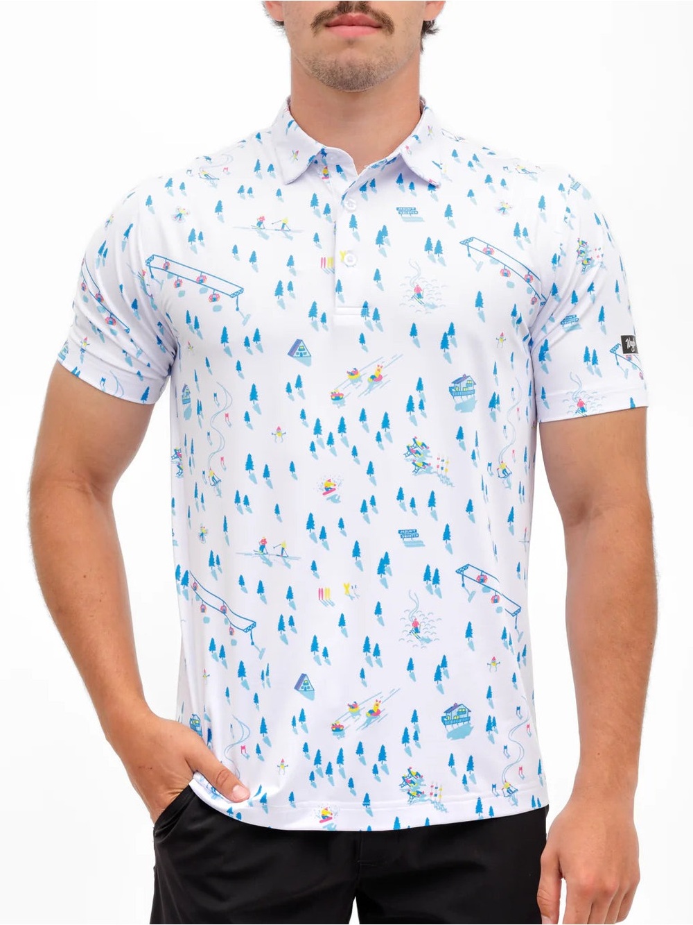 Waggle Golf Downhill Print Short Sleeve Classic Golf Polo Shirt-White-Men XL